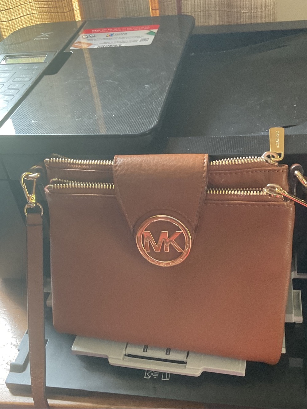 Michael Kors Brown Leather Crossbody Bag with Gold MK Logo